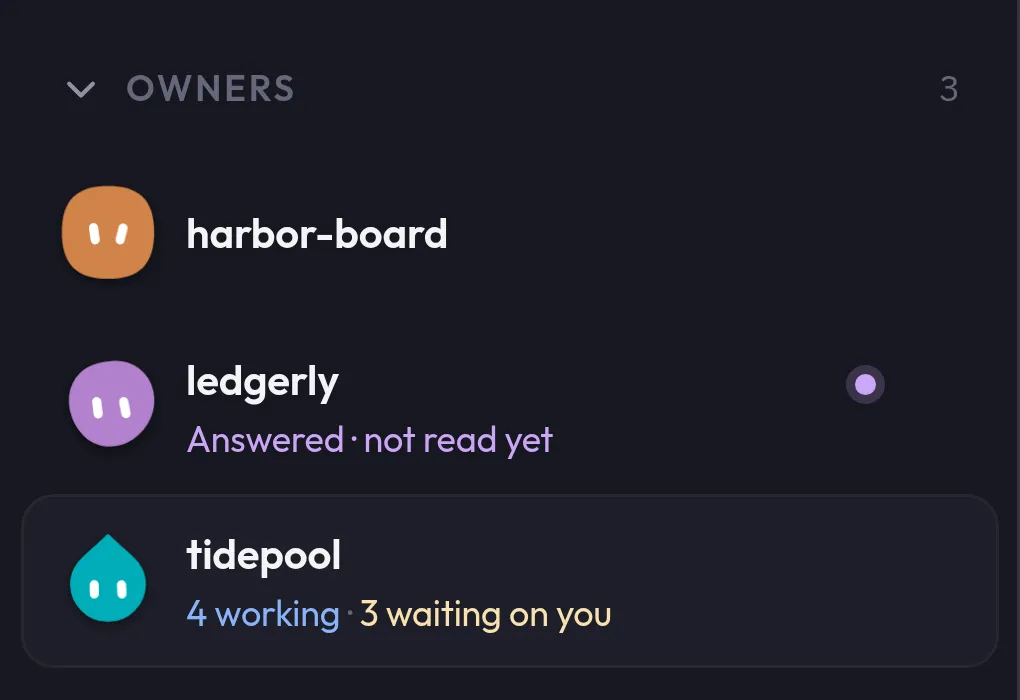 The owners on a phone, each with its face: tidepool says 4 working and 3 waiting on you.