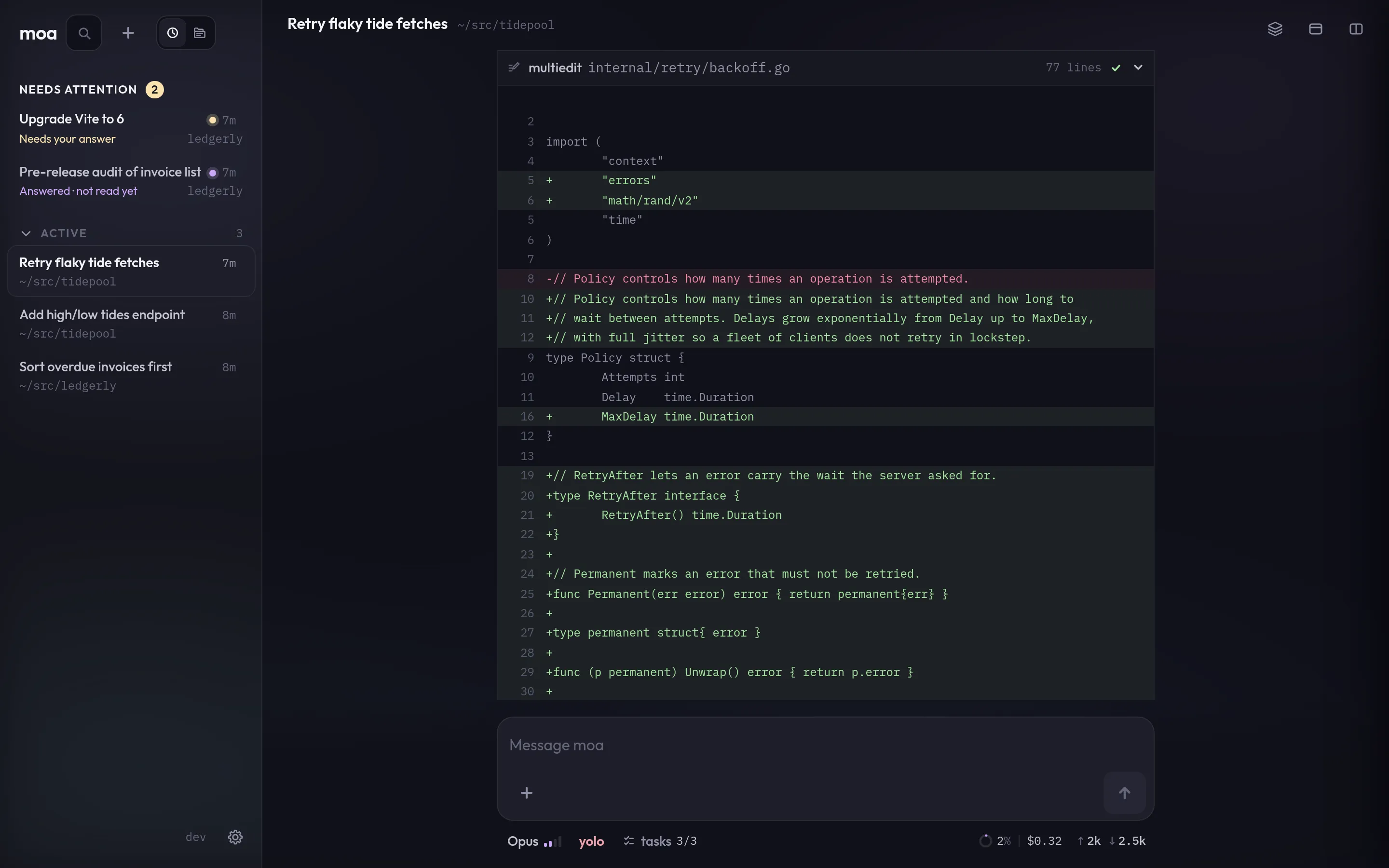 A diff of internal/retry/backoff.go inside moa: a MaxDelay field, a RetryAfter interface and a Permanent error type added.
