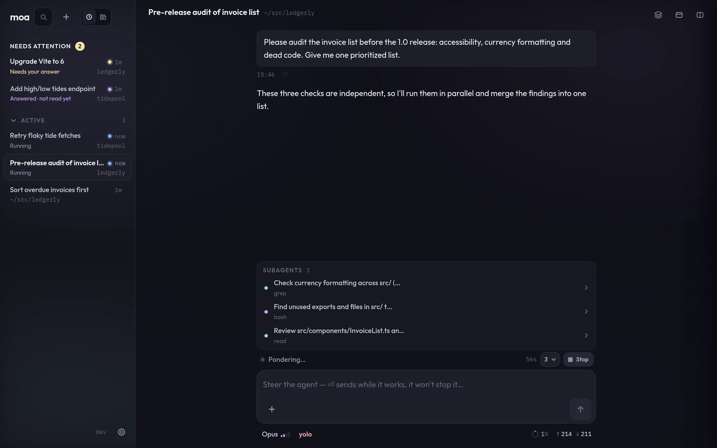An audit session running three subagents in parallel: currency formatting, unused exports and a review of InvoiceList.ts.