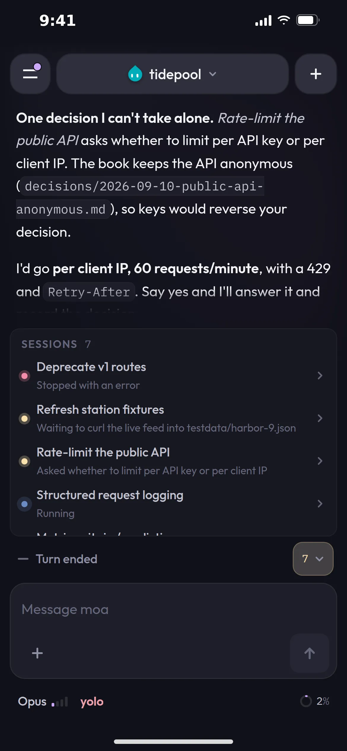 The same owner on a phone, its face in the header, the seven sessions below its question.