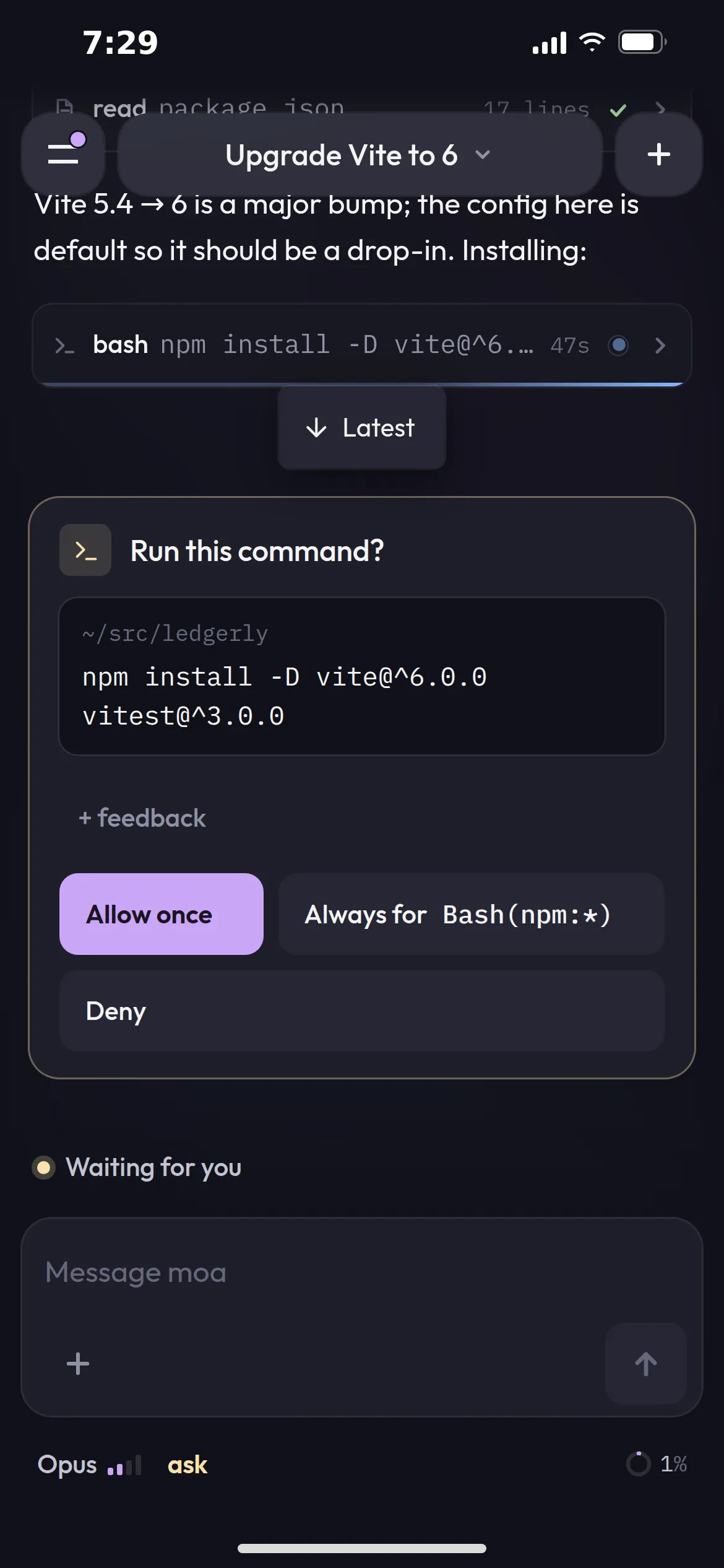 A permission request on a phone: npm install -D vite@^6.0.0 vitest@^3.0.0 in ~/src/ledgerly, with Allow once, Always for Bash(npm:*) and Deny.