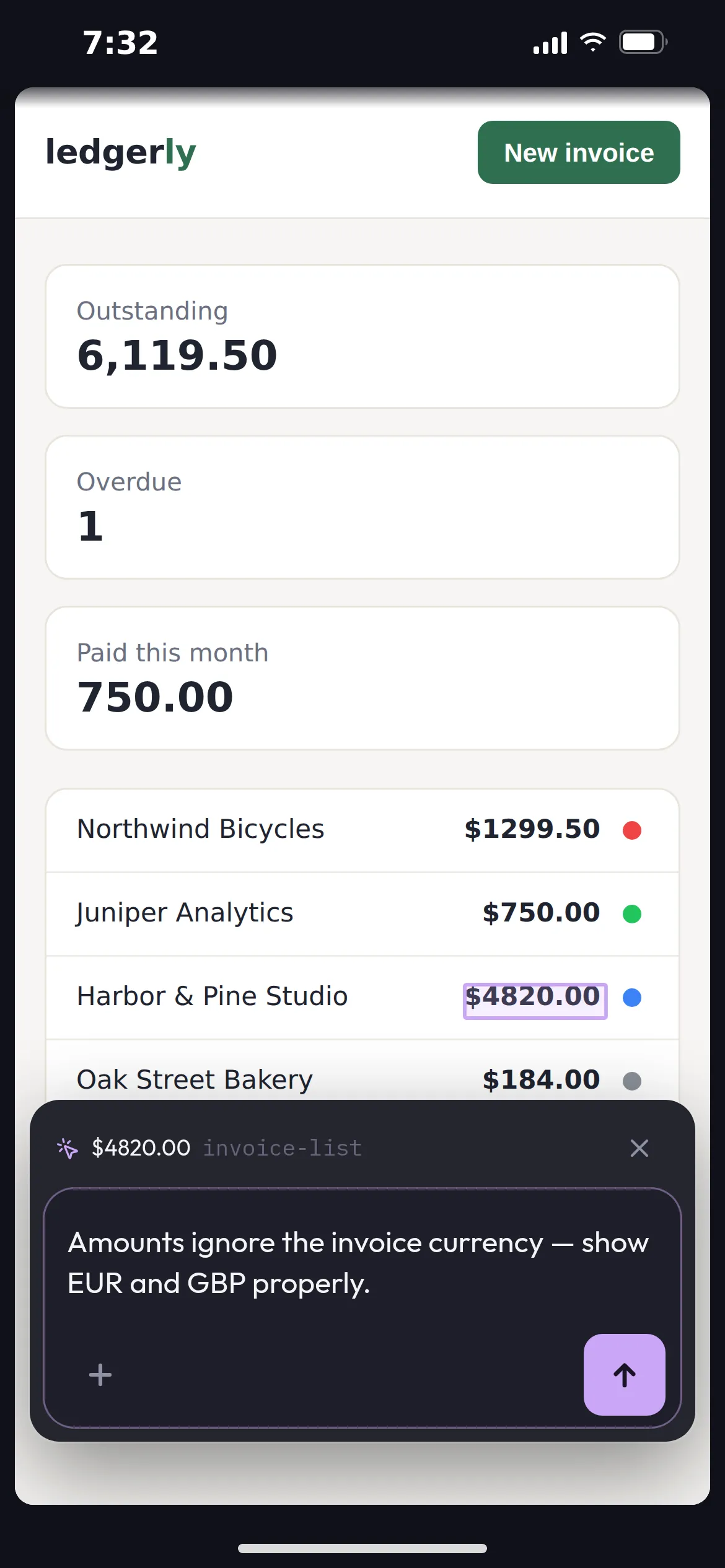 Live Preview on a phone: an invoice amount is picked and a note says amounts ignore the invoice currency.