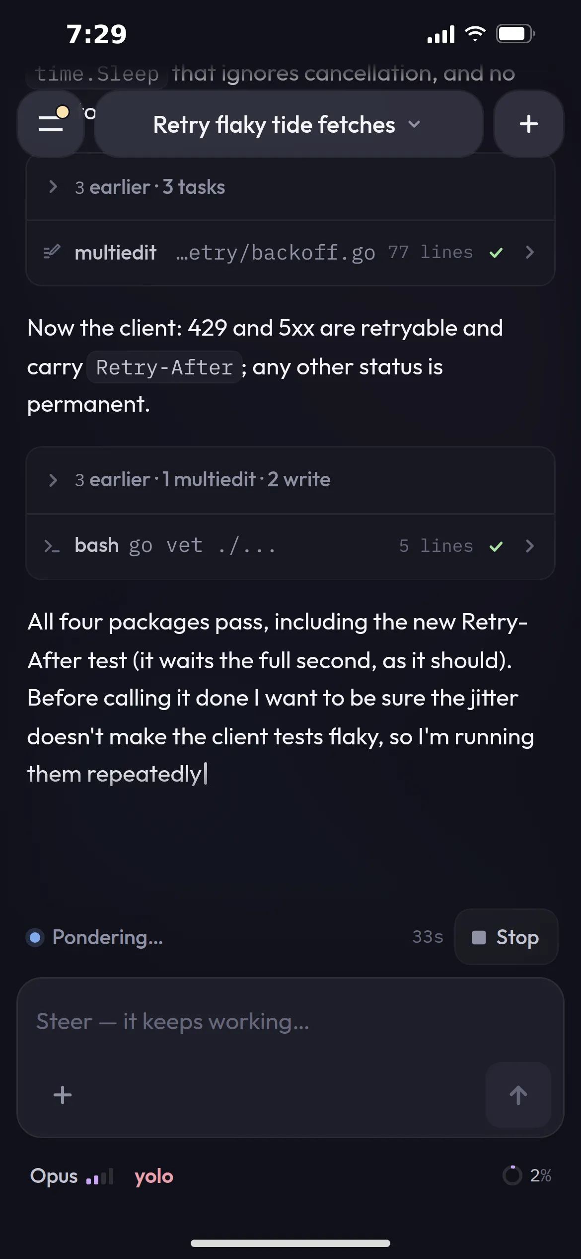 The same session on a phone, still running, with a Stop button and a composer to steer it.