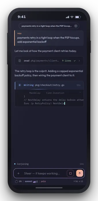 A live Moa session on a phone: the agent is writing pkg/checkout/retry.go while the status line shows model, cost and permissions