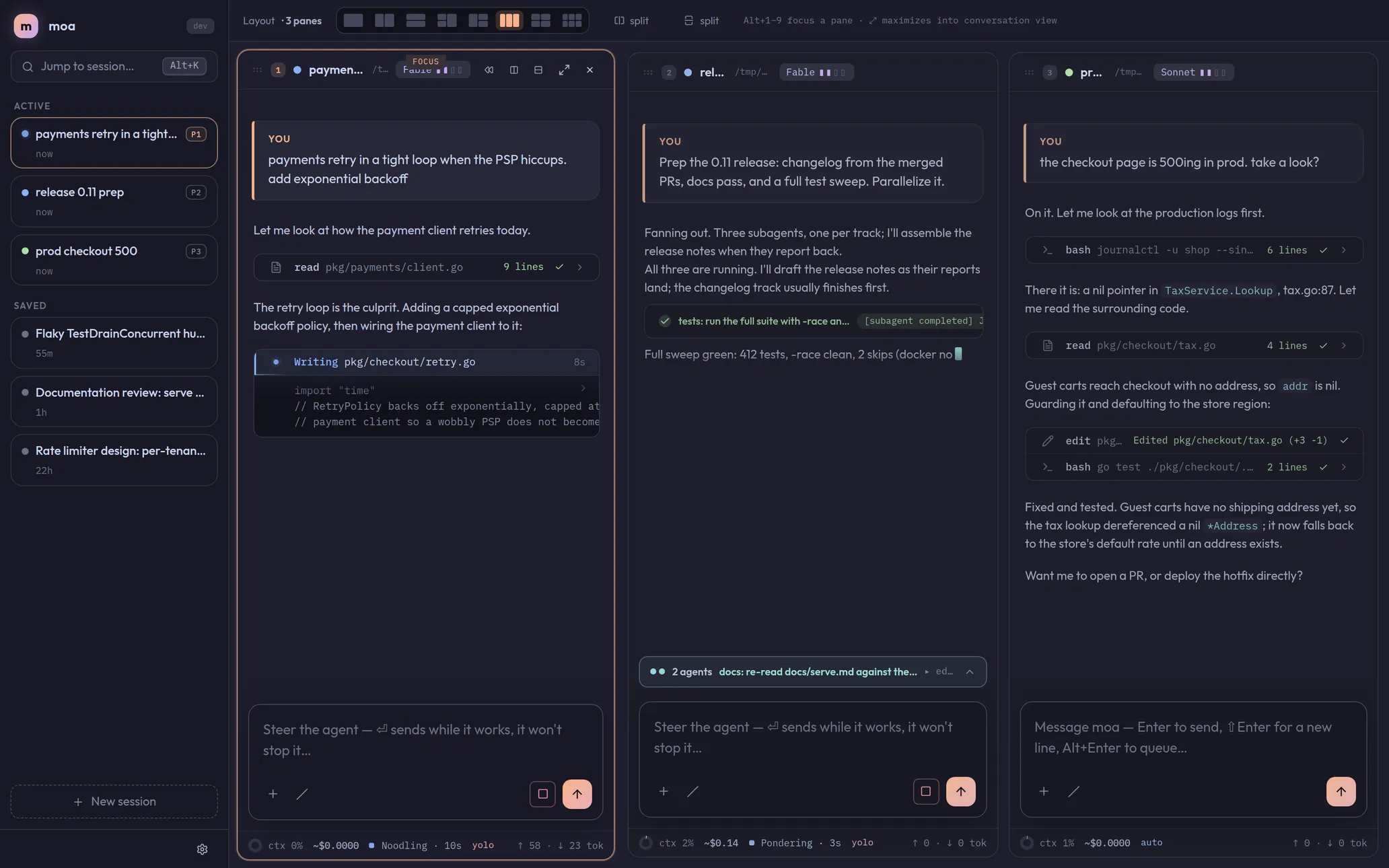 Moa's workspace: three parallel sessions in a grid. One is writing a file live, one runs three subagents, one shows a finished production fix.