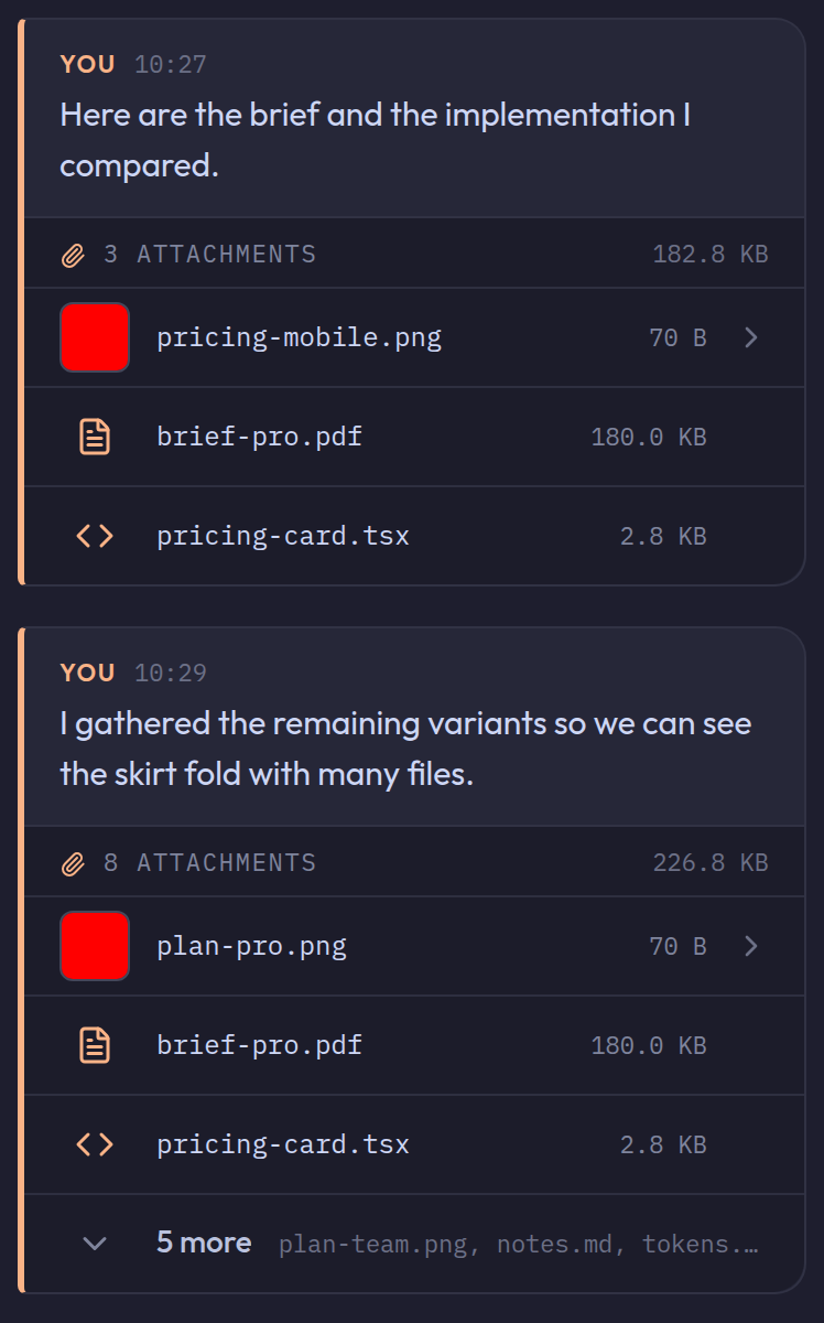 Two messages with attachment skirts: one listing three files, one folding five of eight behind a 'more' row