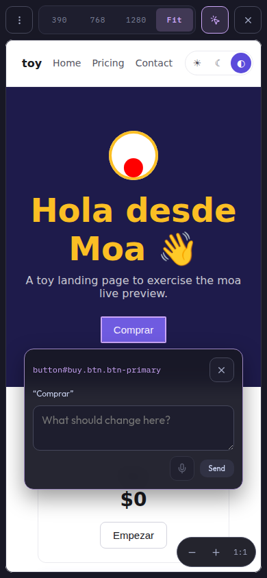 Live Preview on a phone with Inspect on: a button in the previewed app is highlighted and a popover asks what should change