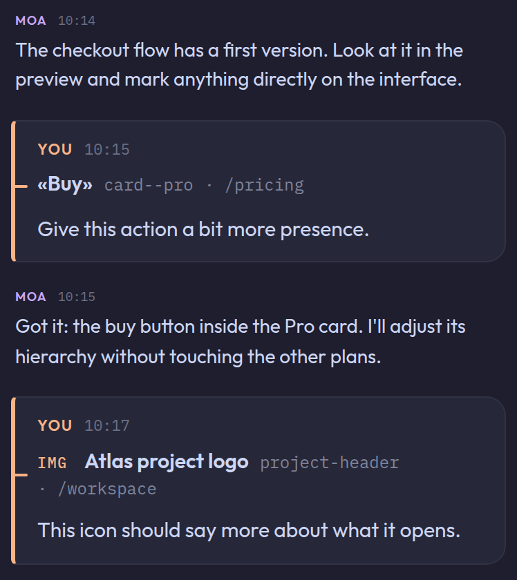 Two messages in a transcript, each with a one-line reference to the element selected in the preview hanging off the message spine